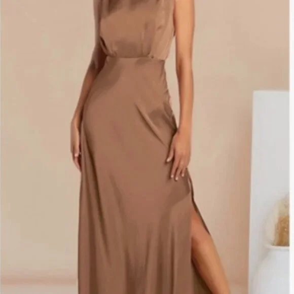 Women's Brown Satiny Mock Neck Maxi Dress - Picture 1 of 6
